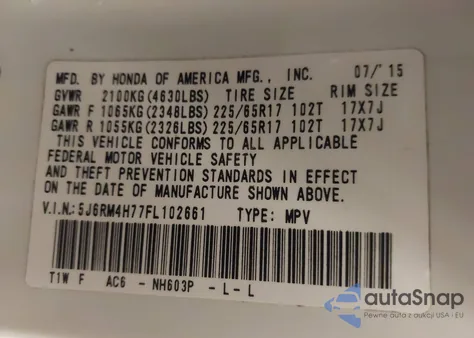 2015 Honda Cr-V Ex-L from USA, damaged, VIN 5J6RM4H77FL102661